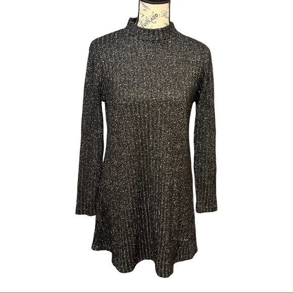 Urban Outfitters High-Neck Fit-n-Flare Skater Dress Black Metallic Ribbed Mini - Picture 2 of 6